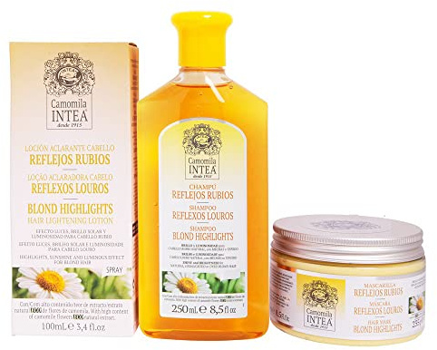 Camomila Intea - Pack Rubio - Loción Aclarante + Champú + Mascarilla | Tratamiento para reflejos rubios naturales con manzanilla ecológica: aclara, repara e ilumina el cabello en tres pasos.