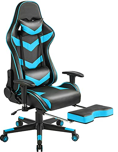 Yaheetech Gaming Stuhl Chefsessel，ergonomischer Gaming Sessel, Höhenverstellbarer Gamer Stuhl, Bürostuhl, PC Stuhl mit Fußstütze, Computerstuhl hohe Rückenlehne mit einstellbaren Armlehnen Neonblau