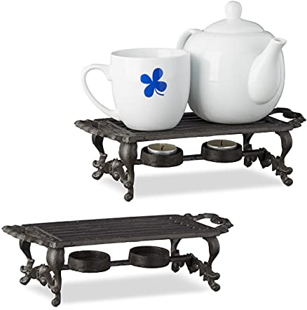 Relaxdays 2 x Warmhalteplatte, extrem robust, Antik-Design, Halter für 2 Teelichter, Gusseisen Stövchen, HBT: 8,5x30x13,5cm, Braun