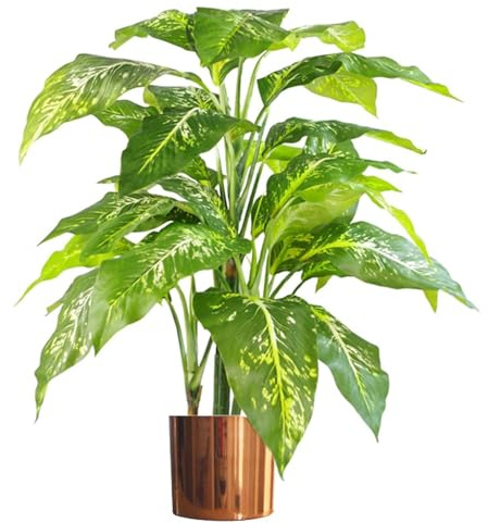 Leaf 100cm Large Fox's Aglaonema (Spotted Evergreen) Tree Artificial Plant, Green with Copper Planter, V7013