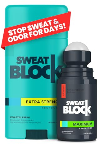 SweatBlock Antiperspirant Deodorant Max Clinical System for Men & Women. Treat Hyperhidrosis - Includes: (1) DRIBOOST [PM] Maximum Strength Antiperspirant Roll-on + (1) [AM] Clinical Deodorant
