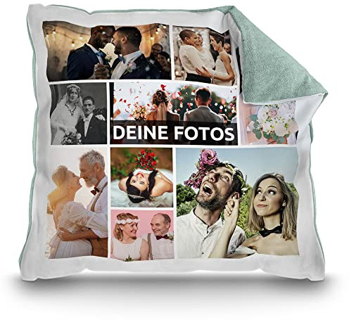 Print Royal Kissen mit Fotocollage selbst gestalten - mit 9 Fotos Personalisieren - Geschenk für Freunde und Familie | Rückseite Pastellgrün, inkl. Kissenfüllung, 40x40cm
