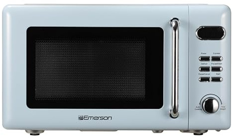 Emerson MWR7020BL Retro Compact Countertop Microwave Oven with Button Control, LED Display, 700W 5 Power Levels, 8 Auto Menus, Glass Turntable and Child Safe Lock, 0.7, Thunderbird Blue