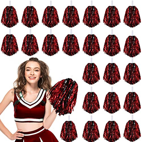 Pompons, Cheerleader, Spirited Cheer, Taktstock, Metallfolie, für Sport, Team, Party, Tanz, Cheerleader, 24 Stück (Schwarz, Rot)