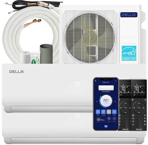 DELLA 18K BTU ODU 2 Dual Zone 9000 9000 BTU Wifi Mini aire acondicionado dividido funciona con Alexa, 19 SEER2 208-230 V enfría hasta 800 pies cuadrados. Bomba de calor precargada sin conductos