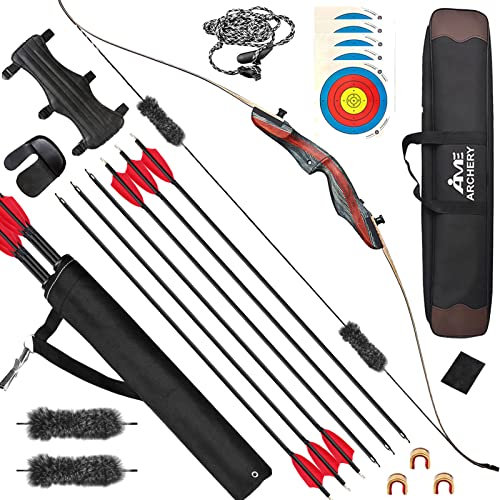 ZSHJGJR Bogenschießen 62 Zoll 20-50lbs Take Down Recurve Bogen und Pfeil Set Traditional Bogen Recurvebogen Set Jagd Bogen Erwachsene Anfänger Langbogen Hölzern Bogen (40lbs, Set 3)