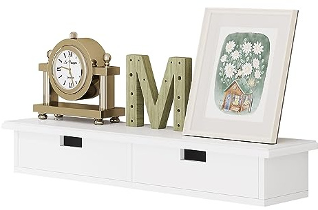 WOLTU Wandregal mit 2 Schubladen, Schweberegal, Hängeregal, Wandboard, bis 15 kg belastbar, Wanddeko für Küche Flur Wohnzimmer, 65x10x15 cm, Weiß, RG9487ws