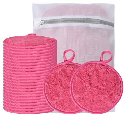 Large Reusable Makeup Remover Pads for Face, Soft Microfiber Makeup Remover Cloths Washable, Premiun 5 INCH Face Cleaning Pad with Laundry Bag, 24 Pack Pink