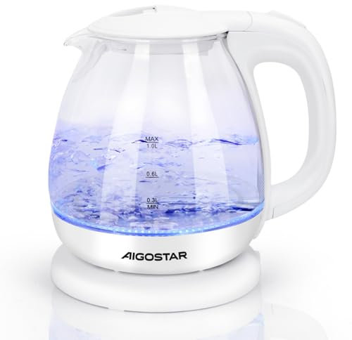Aigostar Small Electric Kettle, 1.0L White Glass Kettle Cordless, Compact Mini Clear Water Tea Kettle Fast Quiet Boil for Kitchen Bedroom Office, 2200W - Elvin 3011Q