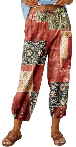 ABYOVRT Pantalon 7/8 Femme Été Imprimé Bohème Lin Ample Longueur Pants Cordon pour Décontracté à Jambes Léger en avec Poches Pantalon De Plage,S-XXL
