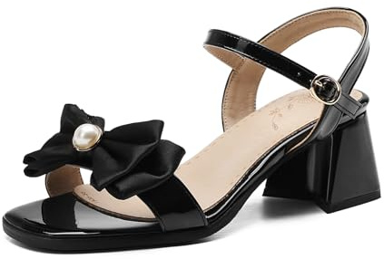 Bviennic Sandalias de Mujer con Tacón En Bloque Punta Abierta Tacón Medio Zapatos de Vestir Hebilla Sandalia de Veranos Correa de Tobillo Lazos, S18912Hd Negro Talla 45 EU/47Cn