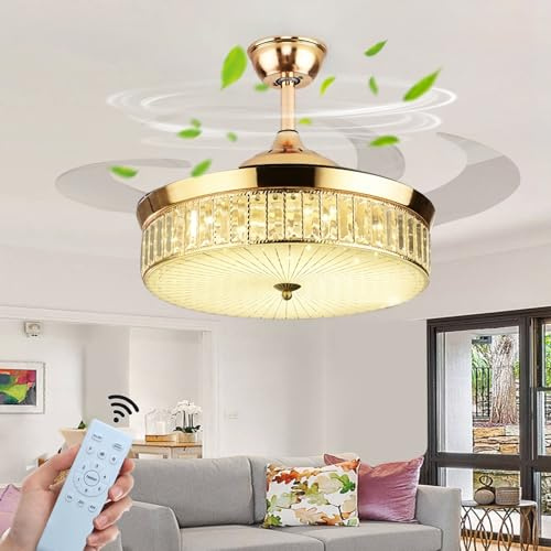 Cristal Lampara con Ventilador de Techo - Aspas Retráctiles Silencioso con Luz y Mando a Distancia CC Reversible, 6 Velocidades, 3 Colores Moderno - Golden||122CM