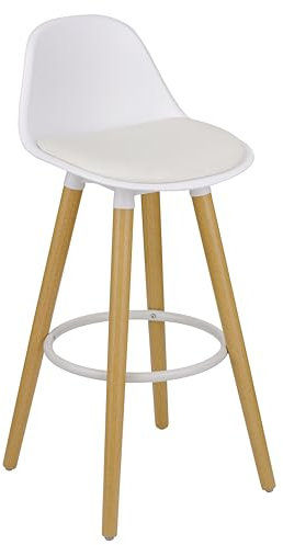 Baroni Home Taburete con Respaldo y cojín, reposapiés – Diseño Moderno, Taburetes Altos de PU y Madera de Acero para casa y Restaurante, 40x42x92 cm, Blanco, 1 Unidad