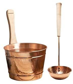 ALFIQ Handgefertigtes 100% massives Kupfer Sauna-Eimer und Schöpflöffel Set | gehämmertes Kupfer Spa Zubehör | türkisches Hammam Zubehör Geschenk