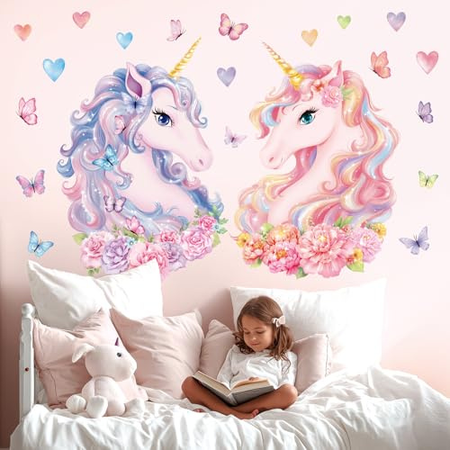 DECOWALL SG2-2412 Zwei große Einhörner Wandtattoo Kinderzimmer Deko Home Art Rosa Mädchen Babyzimmer Regenbogen Schlafzimmer Bunte Dekoration Tiere