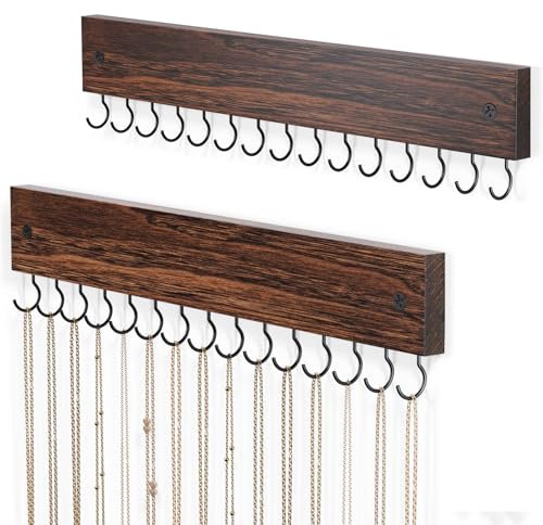 Lolalet Wooden Necklace Holder for Wall with 15 Hooks -2 Set, Brown