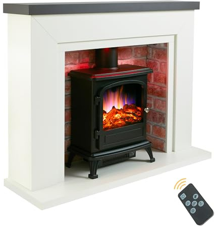 Endeavour Fires Farlington Electric Fireplace, Black Log Burner Stove in 48’’ Off White Surround, LED Downlights with Remote Control (Grey Top/Red Brick)