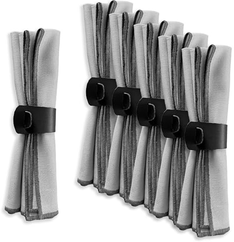 MIQIO® Design Baumwollservietten I 6er Set + Serviettenringe aus veganem Leder I 45x45 cm I Stoff-Servietten mit edler Ziernaht I 100% Bio-Baumwolle I Zertifiziert I hellgrau, schwarz