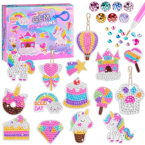 HGRGHH Hantverk flicka 6 7 8 9 10 år, 15 st 5D diamantmålning nyckelring, pyssla din egen GEM-nyckelring, pysselset barn från 6 år, pysselset för flickor 6-12 år