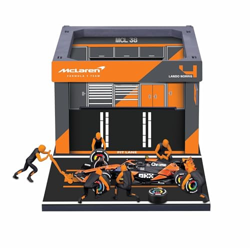 Bburago - Pit Stop McLaren MCL38 (2024) #4 Norris, Lekset med Diorama, Bil Skala 1:43 och 6 Mekaniker, Detaljerad Replika, McLaren-Licens, Rekommenderad Ålder 3+ År