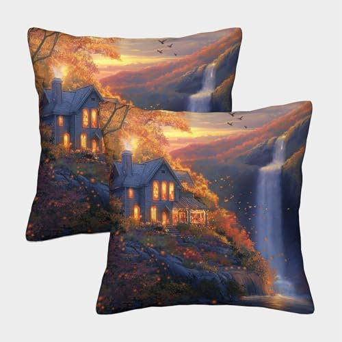 KWPGMDRY 2er-Pack Kissenbezug 40x40cm Deko-Kissenbezug Schöner Herbst Deko-Kissenbezug Haus Wasserfall Deko-Sofa-Kissenbezug Mit Muster Passend Für Sofa Wohnzimmer Balkon Garten Auto