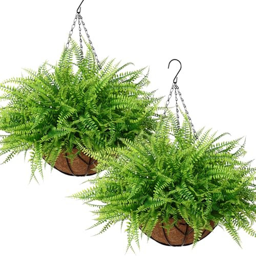LOMOHOO Cesta colgante de plantas artificiales, 2 unidades, helechos artificiales resistentes a los rayos UV, plantas artificiales resistentes al aire libre, decoración de plantas colgantes