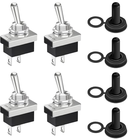 Lot de 4 interrupteurs à bascule en métal 12 V 25 A SPST 2 positions 2 broches, interrupteur à bascule momentané étanche KN3 (D) -101 avec coque en caoutchouc pour projets automobiles, projets