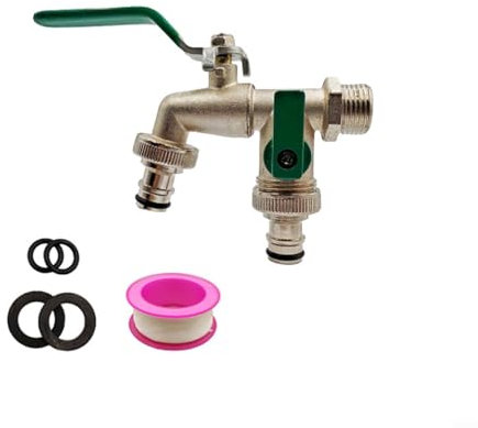Dual Outlet Garden Tap, Inlet Brass Faucet with Hose Connectors, Rust-Resistant Outdoor Water Splitter for Sprinklers, Washing Machines(1PCS)