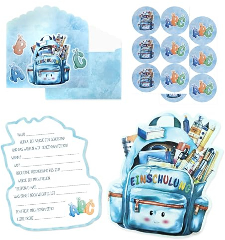 Lezehea 12 x Einschulung Einladungskarten Junge Blau | Einschulung Karten mit Umschlägen Aufkleber,Einladung Skarte im süßem Schultaschen-Design,Einladung einschulungs