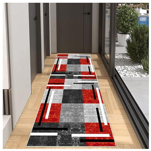 BORKOY Tappeto Cucina Passatoia Antiscivolo Lavabile 40x200cm Rosso Grigio Geometrico Pelo Corto per Corridoio Soggiorno Camera da Letto Ingresso Bagno -Moderno Morbido Runner Lungo Facile da Pulire
