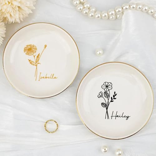 Piatto porta-anelli personalizzato con fiore di nascita, piatto porta-gioielli in ceramica a forma di cuore personalizzato, regalo di nozze for addio al nubilato