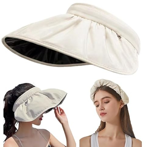 2 in 1 Visiera Parasole/Cerchietti, Pieghevole Visiera Donna, Cappello Donna Estivo per Sole, Tesa Larga Cappellino con Visiera, Cappellino Donna Estivo per Protezione Solare per Esterni,Beige