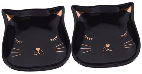 TOPPERFUN Set 2 Pezzi Vassoio Portagioie in Ceramica Nera, Piatto Portagioielli Cartone Animato Gatto, Contenitore per Gioielli e Snack, Portaoggetti Elegante per Casa e Regalo