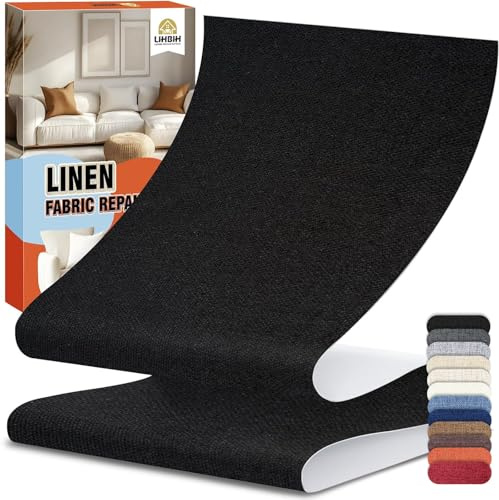 Toppe Adesive per Tessuti Nero, 12x160 cm Patches di Tessuto di Lino Autoadesive, Stoffa Adesiva per Riparazioni Divano, Tessuto Adesivo per Riparazione Sedili Auto, Cuscini, Le Tende