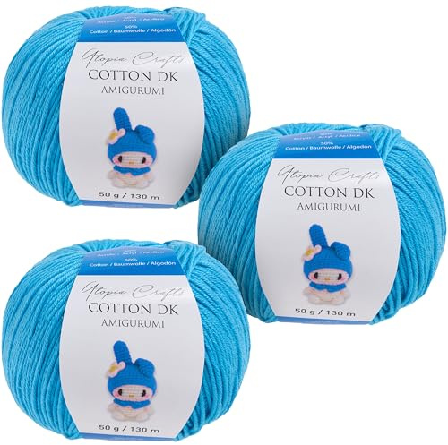 Utopia Crafts Amigurumi Cotton DK Yarn for Crochet and Knitting 50% Cotton, 50% Acrylic Blended, 3X 50g (Medium Blue)
