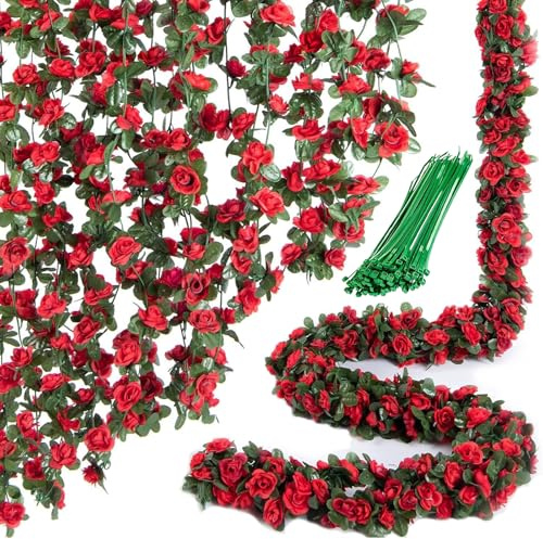 ZenyTra 2er Set Rot Künstliche Rosenblütengirlande - 2,4m Lange Seidenblumen Girlande Mit 45 Blüten Für Hochzeitsdekoration, Garten, Balkon, Wohnzimmer Deko （Mit 20 Grünen Fixierstängen
