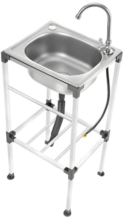Lavello autoportante in acciaio inox, 38 x 33 x 83 cm, lavabo mobile per esterni, multifunzione, lavello da cucina commerciale con rubinetto e cestello filtro