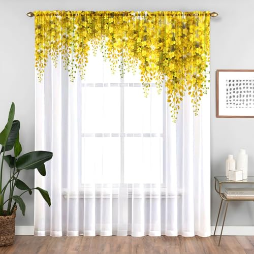 ENEN 2er Set Scheibengardinen, 3D-Blume-Blatt-Druck Halbtransparent Bistrogardine, Schlaufengardinen Gardinen Türgardine für Küche Wohnzimmer Landhaus (Goldene Blume,132x183cm)