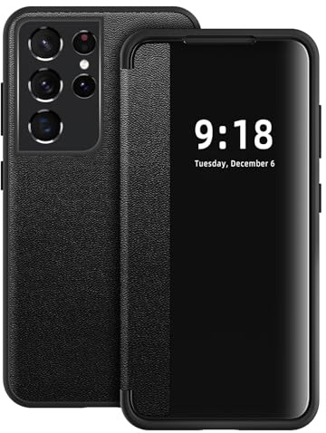 Handyhülle für Samsung Galaxy S21 Ultra Hülle S View Flip Case, Transluzente Flip Handy Tasche Case, Weich Silikon Bumper 360 Grad Kratzfest Stoßfest Schutzhülle für Samsung S21 Ultra Phone (Schwarz)