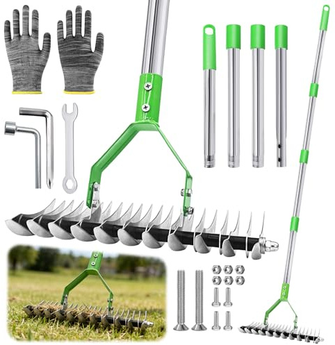 TZEKING 163 cm Rastrillo de Paja para Paisajismo con Mango de Acero Inoxidable,Escarificador Cesped Manual,Rastrillo Extraíble de Césped,Limpiar Hierba Muerta