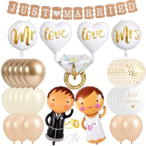 Just Married Deko, Hochzeit Deko mit 34 Teilen, Luftballons Hochzeit Set, Girlande Hochzeits Dekoration, Just Married Ballon für Hochzeitsfeier