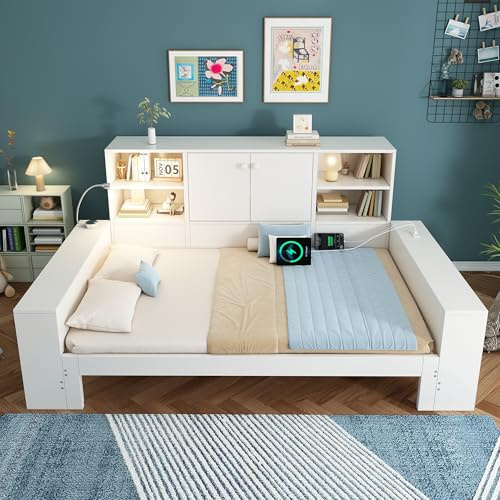 Kebnor Cama individual en color blanco, cama de madera con cama nido, compartimentos de almacenamiento en tres lados y puertos de carga USB/tipo C – Cama juvenil que ahorra espacio con mucho espacio