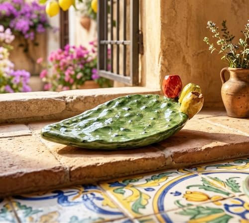 Mondocreazioni Svuota Tasche Pala di Ficodindia in Ceramica Siciliana di Caltagirone, Decorata a Mano, Verde con Frutti 26 CM