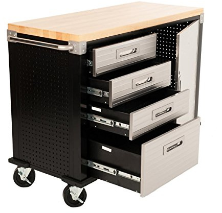 Birsppy Honbeanify Seville HD Rolling Workbench Wood Top, Four Drawer, One Cabinet Garage Storage