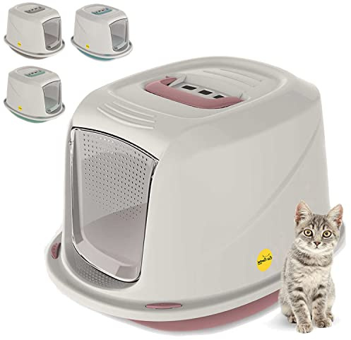 CAT CENTRE Medium Pink Cat Hooded Litter Tray Extra Deep Kittens Small Cats Toilet Enclosed Box Pan Loo Filter Flap Door Detachable Rim Rounded Corners Safe Durable Galaxy Carry Handle