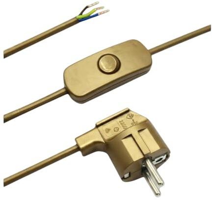 Zuleitung mit Stecker und Schalter 2 Meter Gold Anschlusskabel Netzkabel Stromkabel mit Schnurzwischenschalter und Winkelstecker 3x0,75qmm 250V G Länge 2000mm