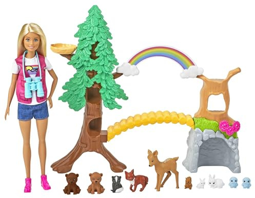 Barbie GTN60 - Waldtier-Forscherin Spielset mit Blonder Puppe und 10 Tierfiguren, Spielzeug ab 3 Jahren