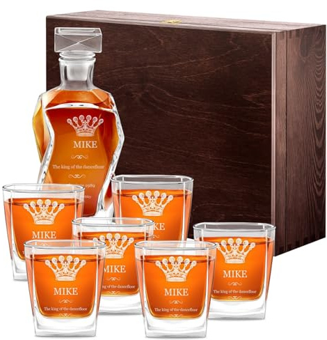 Maverton Classic Curve Whiskey Decanter Set of 6 Glasses, Party King | You can Personalise Tumblers as Gift, 700 ml Universal Carafe