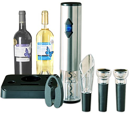 Nounouqi Electric Wine Bottle Opener,Powered Cork Remover Gift Set,Portable Automatic Corkscrew, Battery-Powered, with Pouring Decanter,Vacuum Stopper*2,Tin foil Cutter,Comes with Base,Silver-Suit