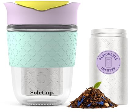 SoleCup. Travel Mug Loose Tea Infuser - Detachable Tea Strainer with Spillproof Lid - BPA-Free Reusable Glass Travel Coffee Cup with Silicone Band (Ice Cream, 12oz)